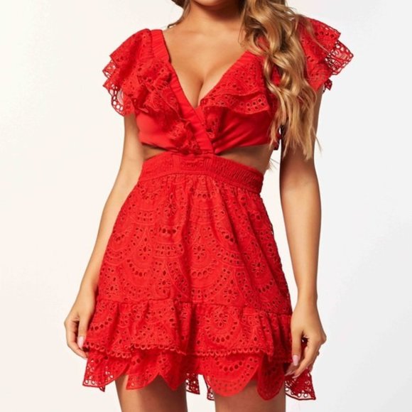 Chicways Dresses & Skirts - Chicways Red Ruffled Cut Out Mini Dress